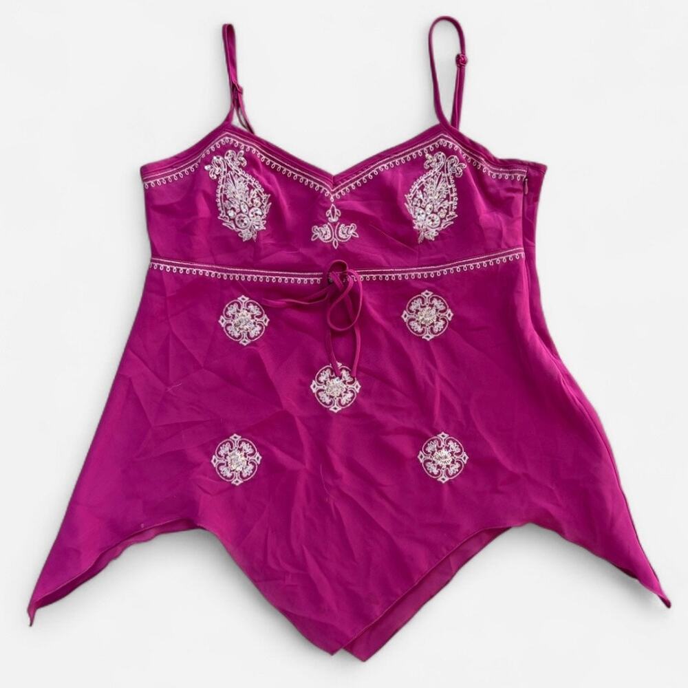 Mariposa Vintage Y2K Fairy Magenta Sequin Beaded Camisole Butterfly Hem Top